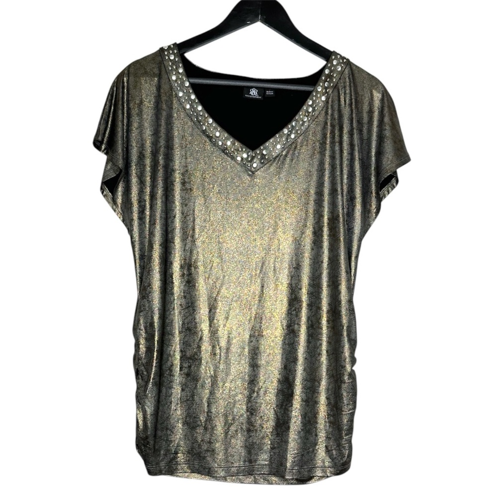 Rock & Republic Metallic Studded V Neck Top Size Small Y2K Short Sleeve Glam